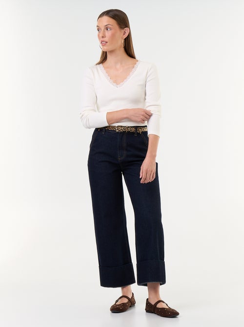Plain Wide-Leg Denim Jeans with Wide Turn-Up Hems - Kiabi