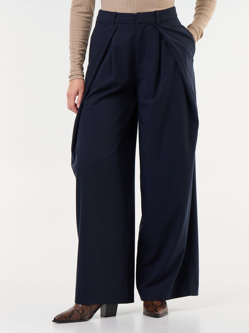 Pleated High-Waisted Wide-Leg Trousers Blue - Kiabi