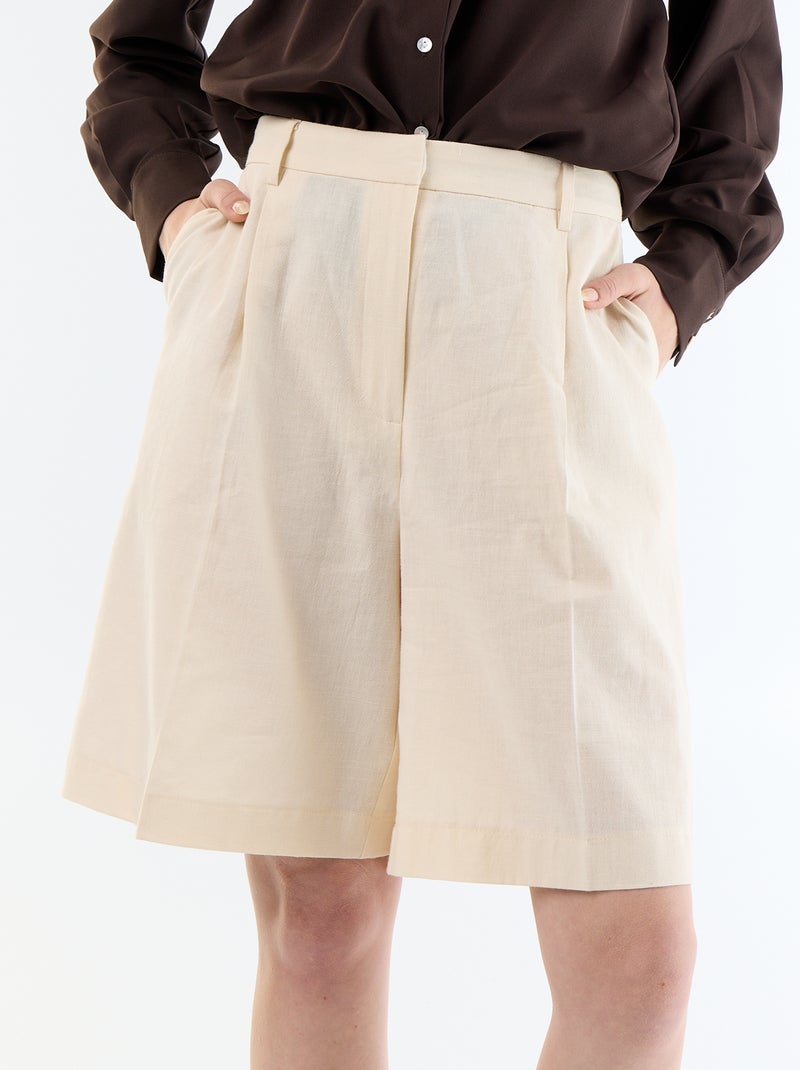 Pleated Wide-Leg Linen Blend Bermuda Shorts Beige - Kiabi