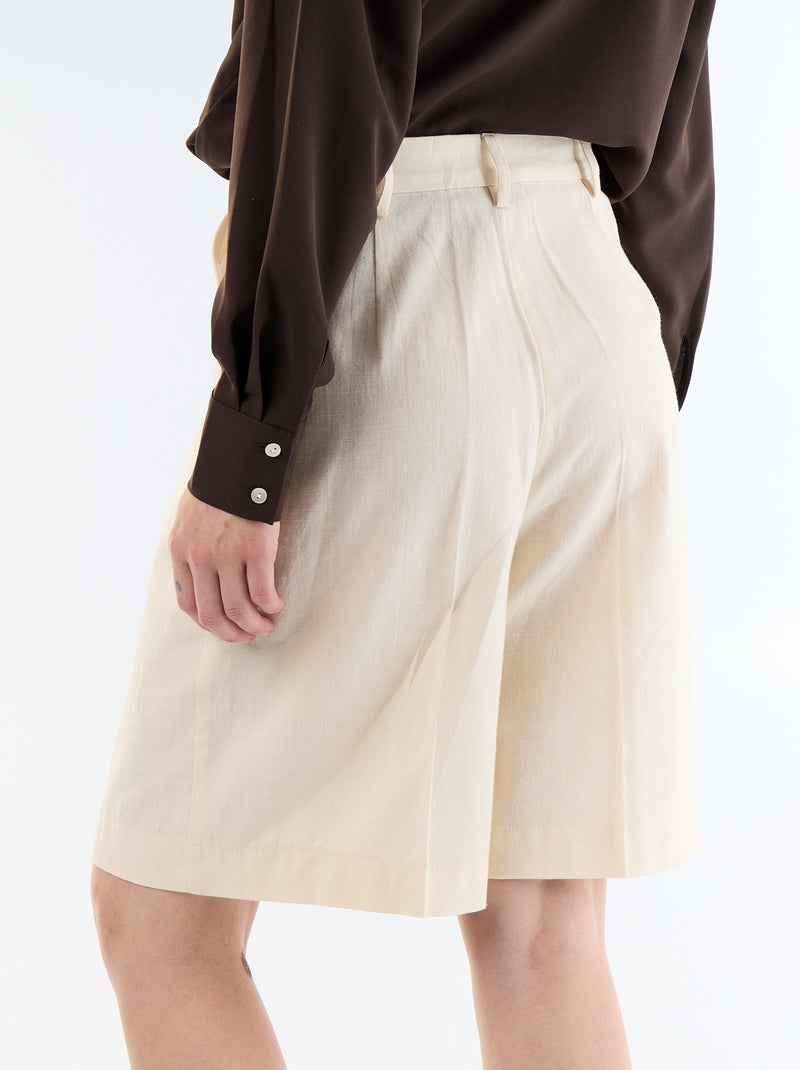 Pleated Wide-Leg Linen Blend Bermuda Shorts Beige - Kiabi