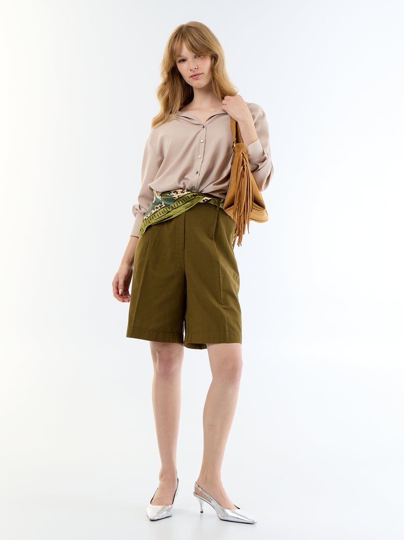Pleated Wide-Leg Linen Blend Bermuda Shorts Khaki - Kiabi
