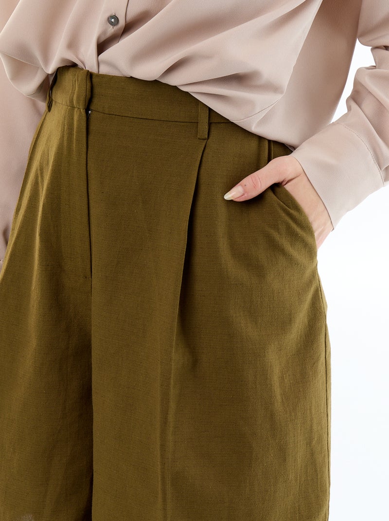 Pleated Wide-Leg Linen Blend Bermuda Shorts Khaki - Kiabi