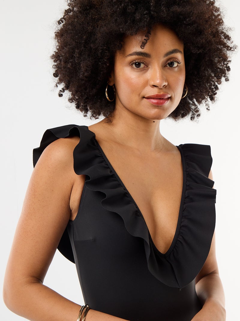 Plunge Neck One-Piece Swimsuit Black - Kiabi