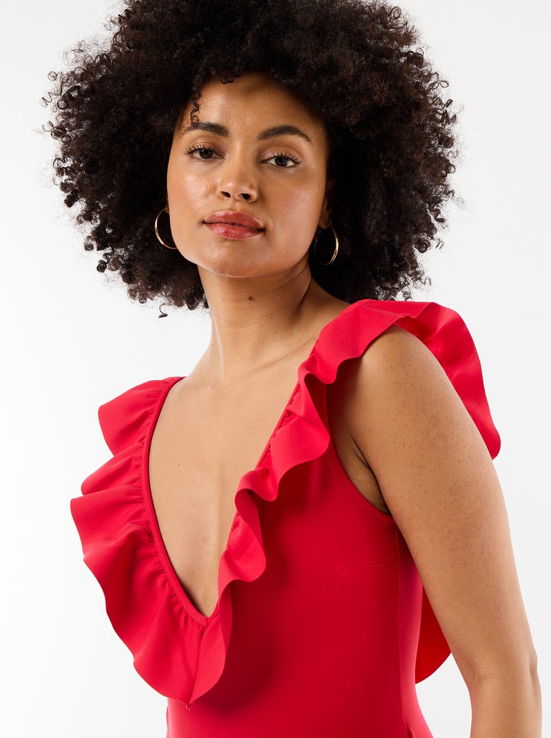 Plunge Neck One-Piece Swimsuit Red - Kiabi