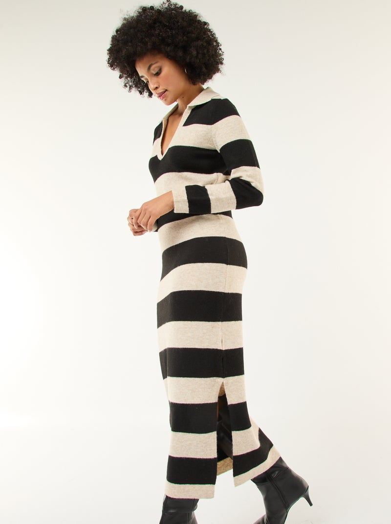 Polo Collar Long Sleeve Sweater Dress Beige - Kiabi