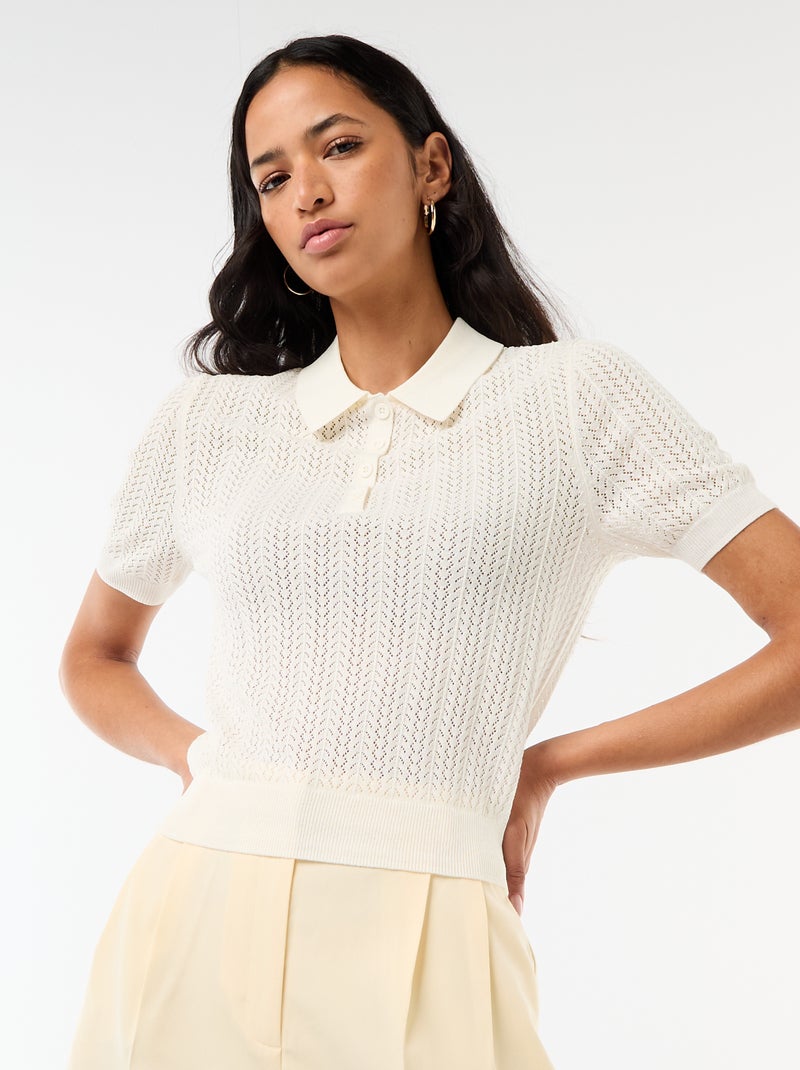 Polo en maille ajourée à manches courtes Blanc - Kiabi