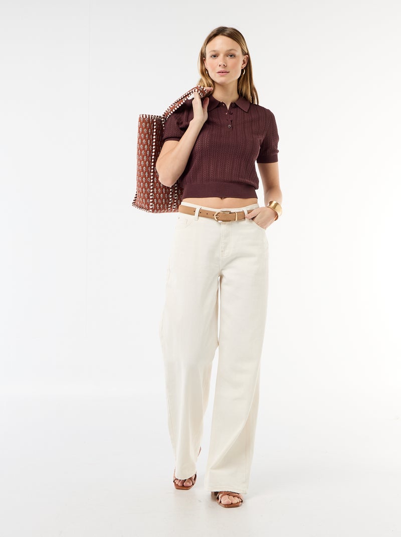 Polo en maille ajourée à manches courtes Marron - Kiabi