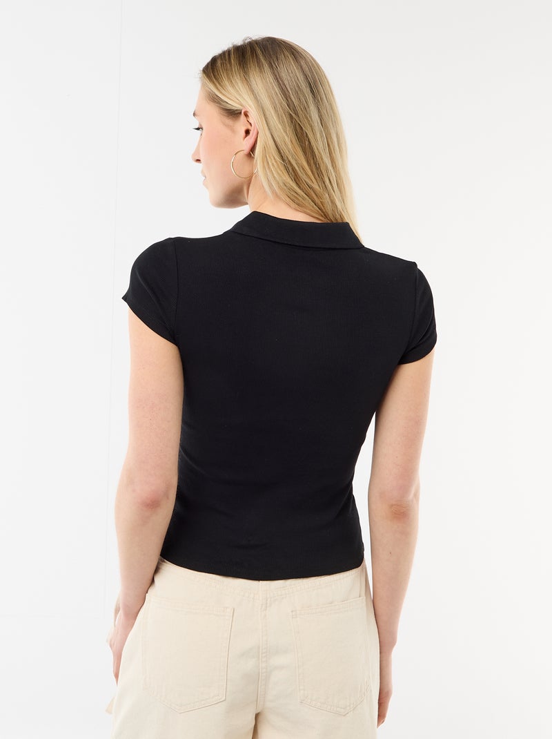 Polo en maille côtelé à manches courtes Noir - Kiabi