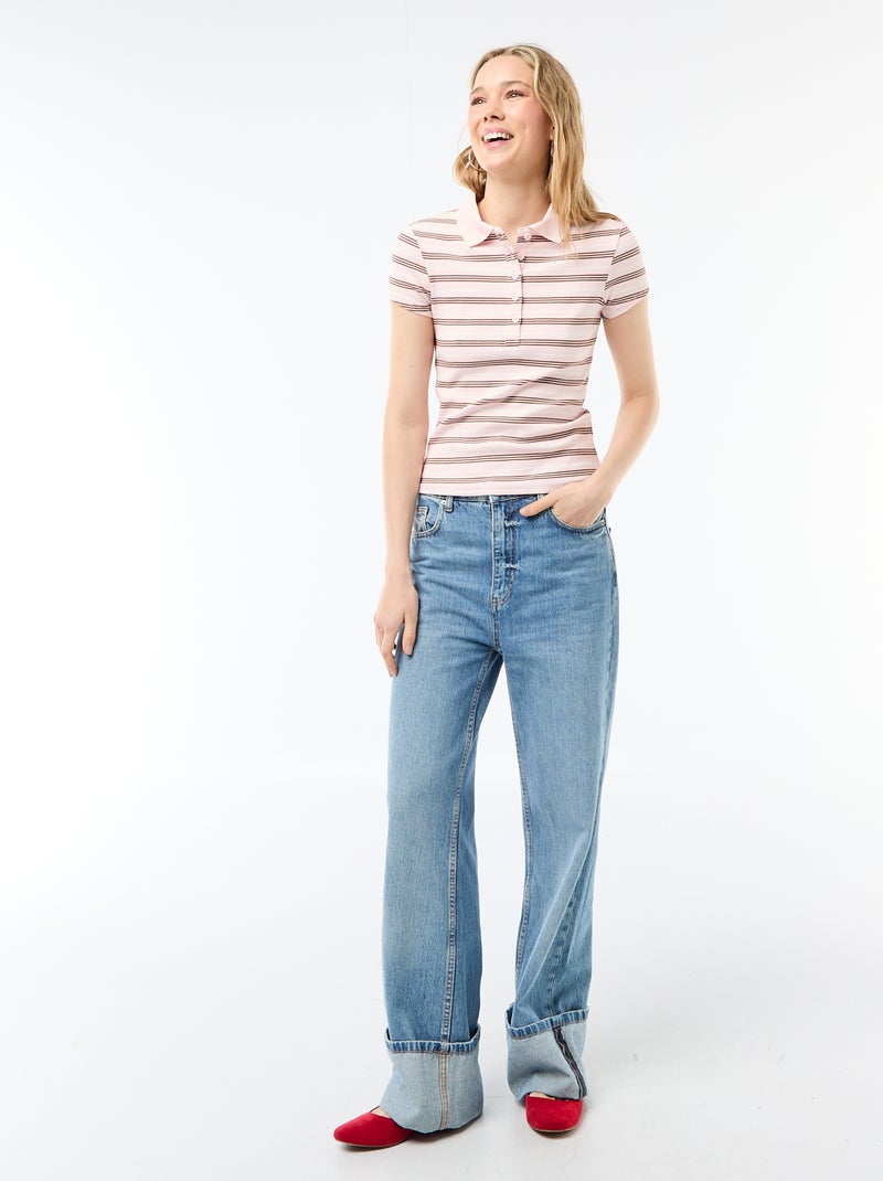 Polo en maille côtelé à manches courtes Rose - Kiabi