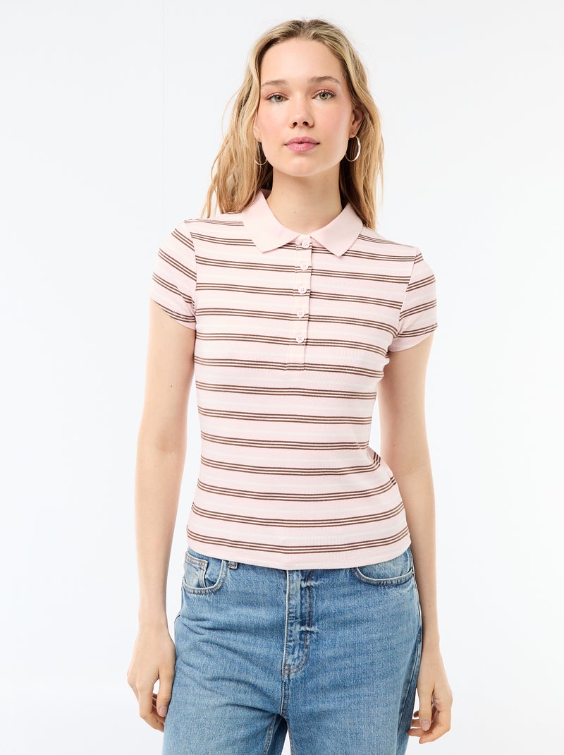 Polo en maille côtelé à manches courtes Rose - Kiabi
