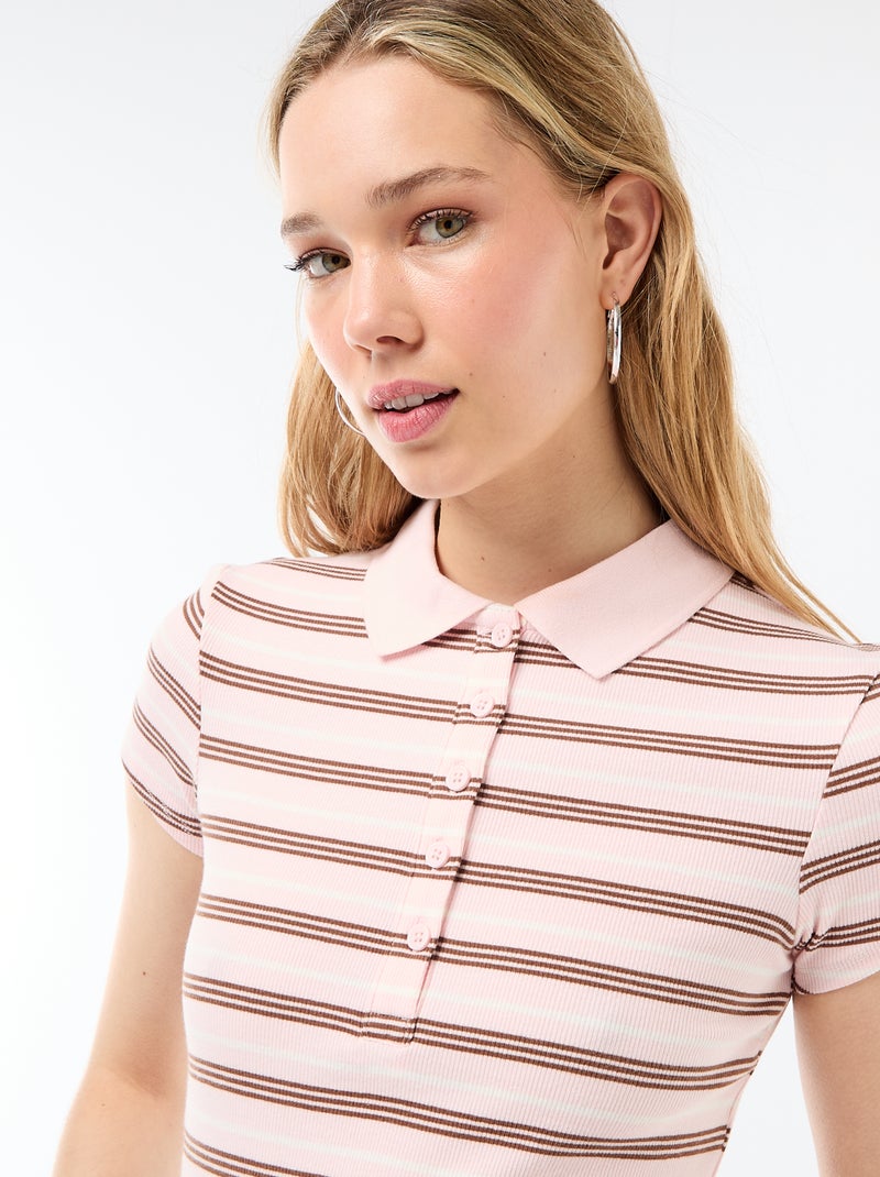 Polo en maille côtelé à manches courtes Rose - Kiabi