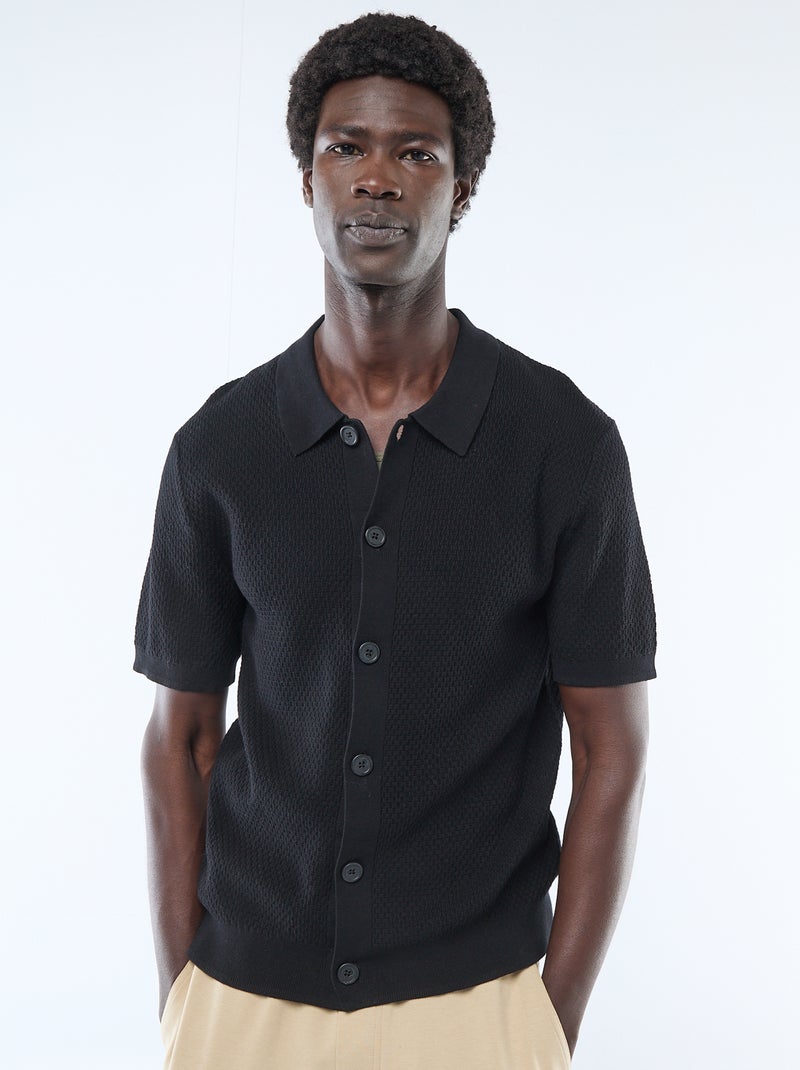 Polo en maille gaufrée Noir - Kiabi