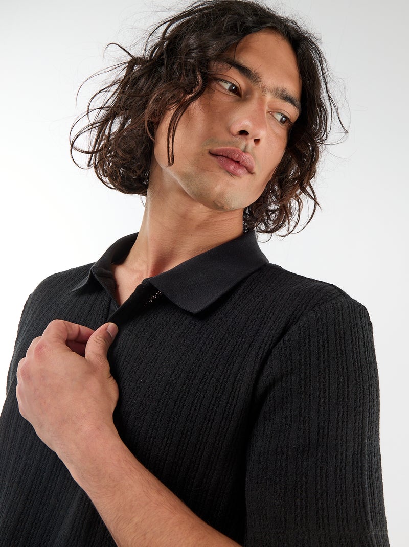 Polo en matière fantaisie ajourée Noir - Kiabi