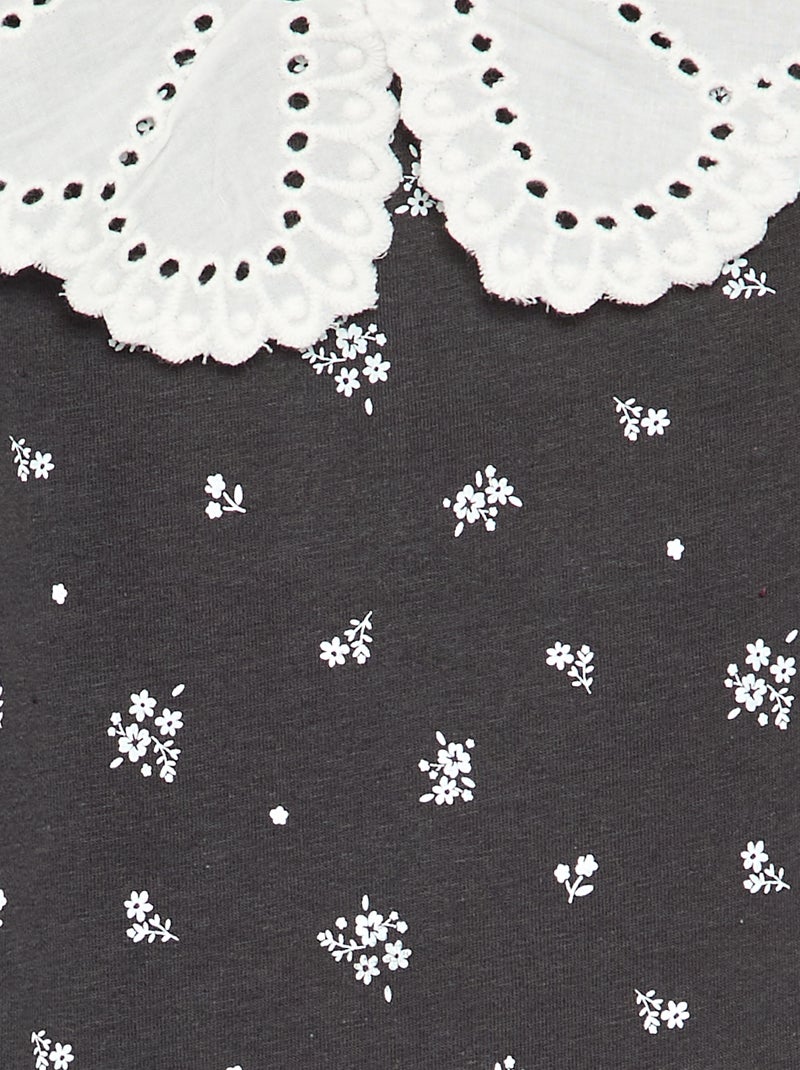 Printed Bodysuit with Broderie Anglaise Peter Pan Collar Black - Kiabi