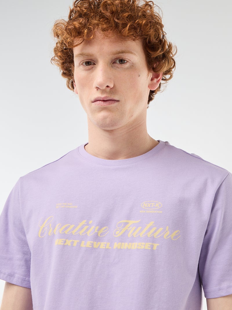 Printed Cotton Crew Neck T-Shirt Purple - Kiabi