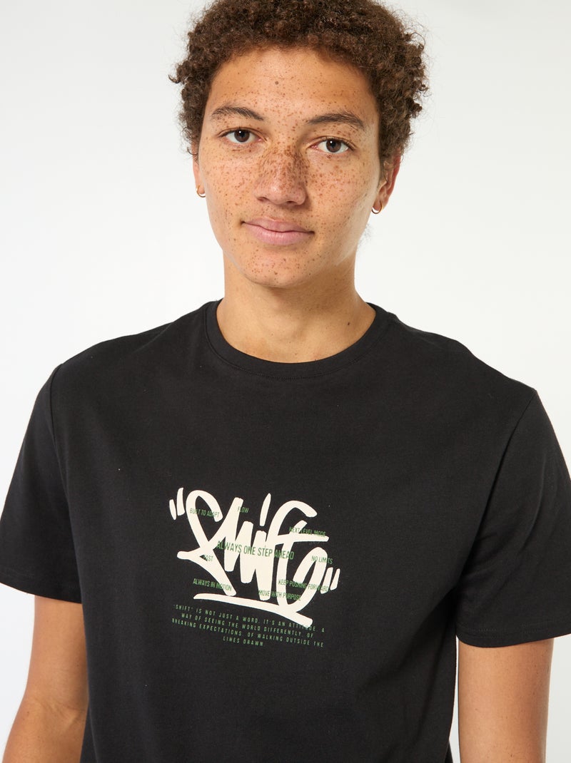 Printed Cotton T-Shirt Black - Kiabi