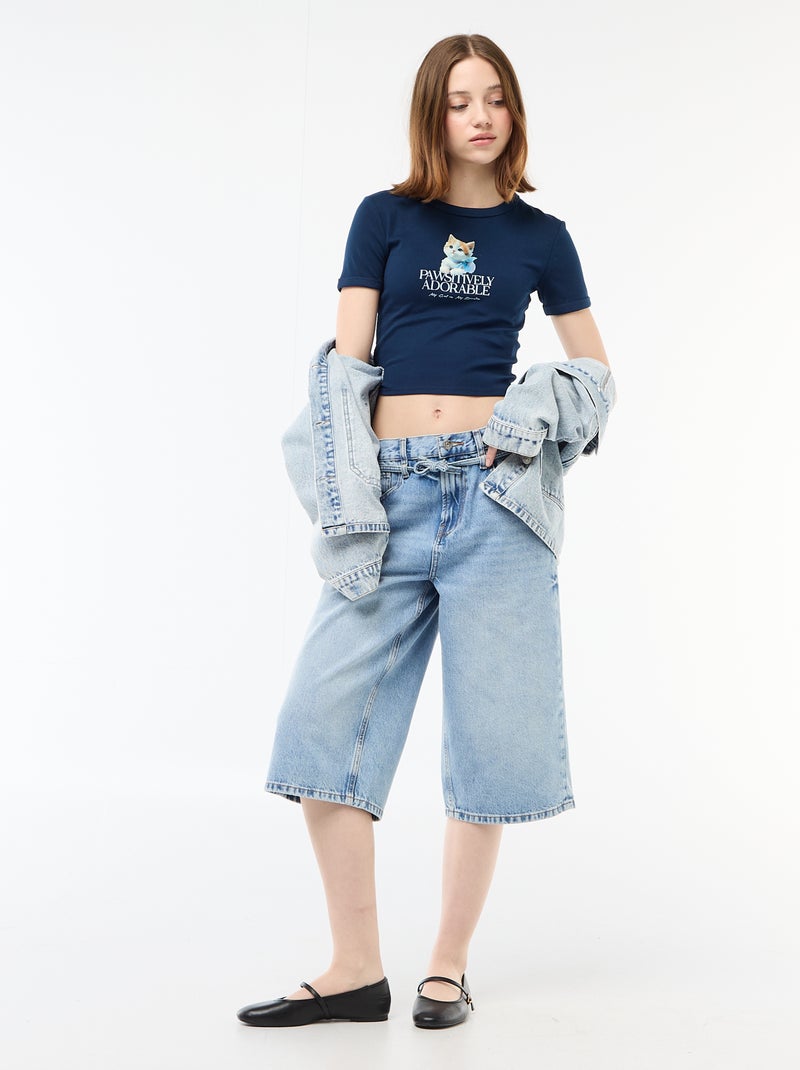 Printed Cropped T-shirt Blue - Kiabi