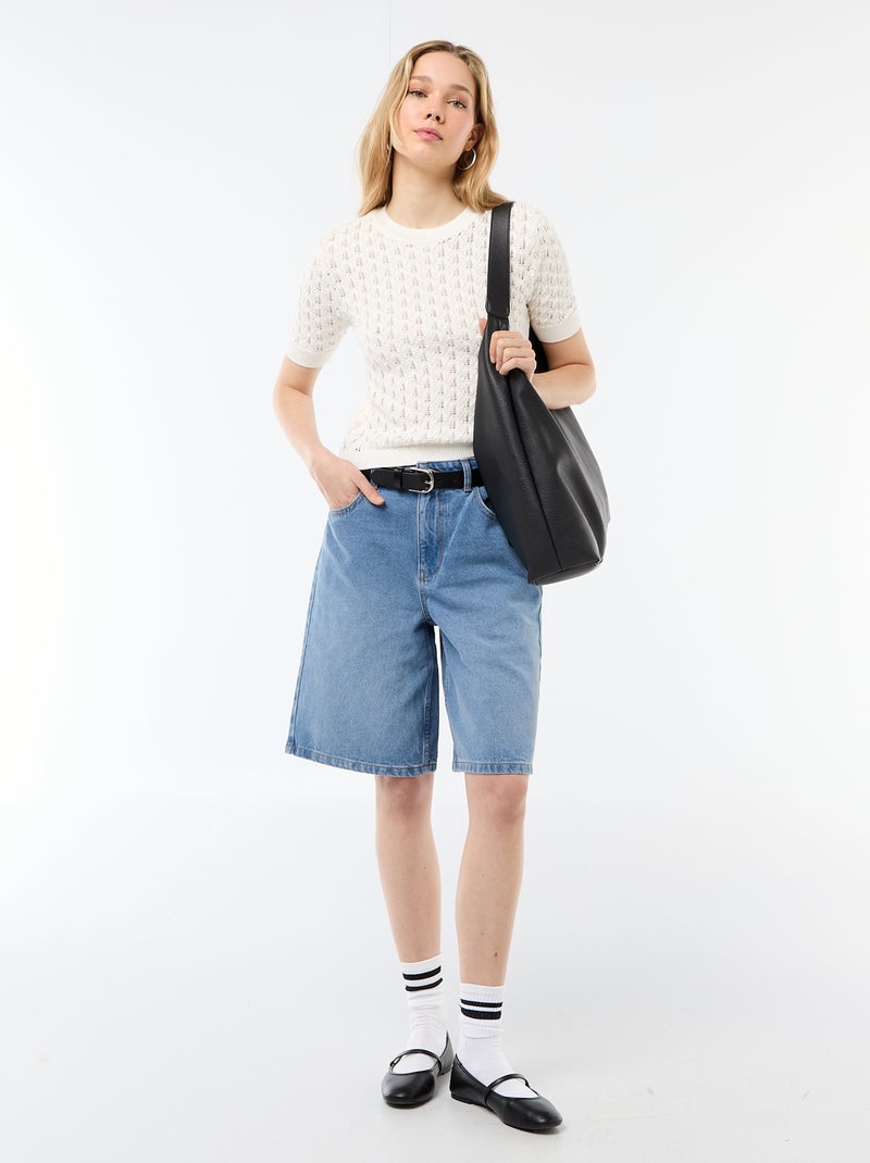 Pull à manches courtes en maille crochet ajourée Blanc - Kiabi