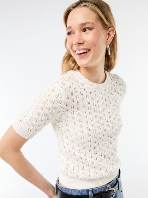 Pull à manches courtes en maille crochet ajourée - Kiabi