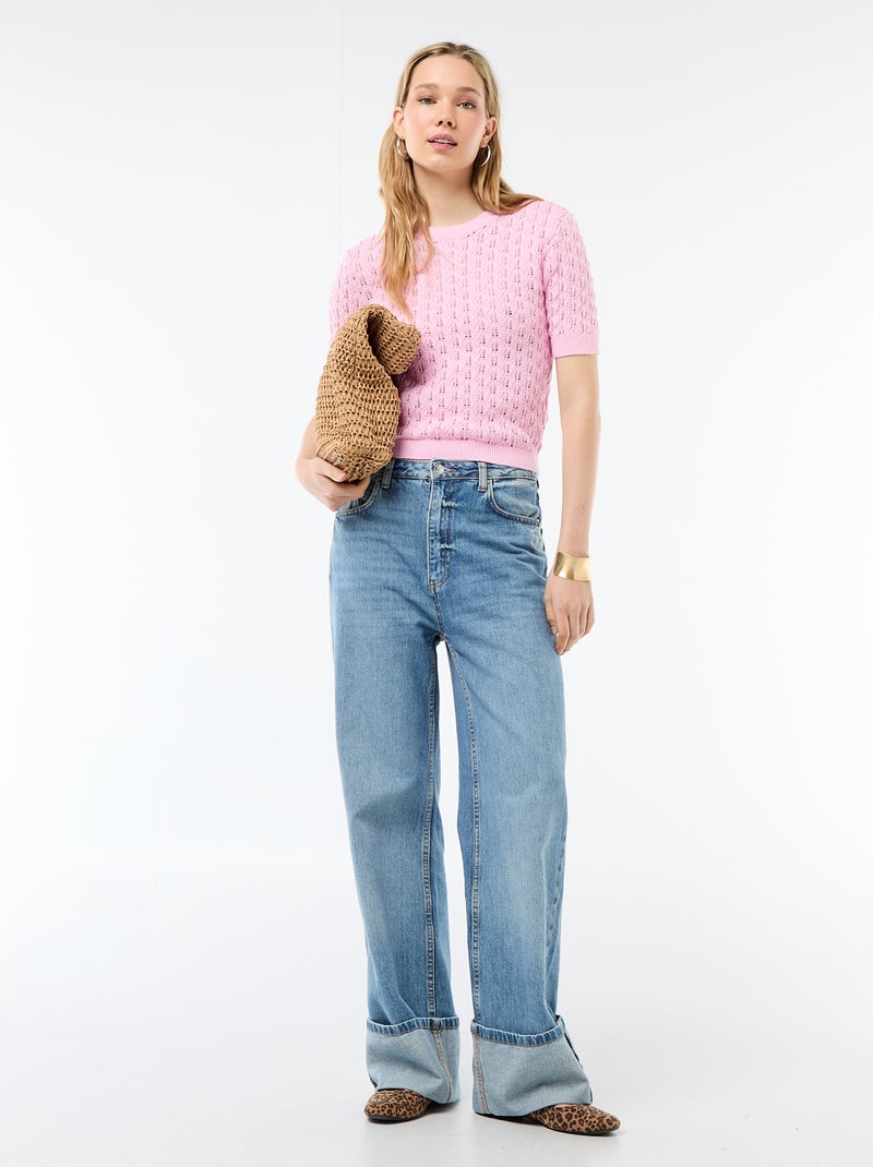 Pull à manches courtes en maille crochet ajourée Rose - Kiabi