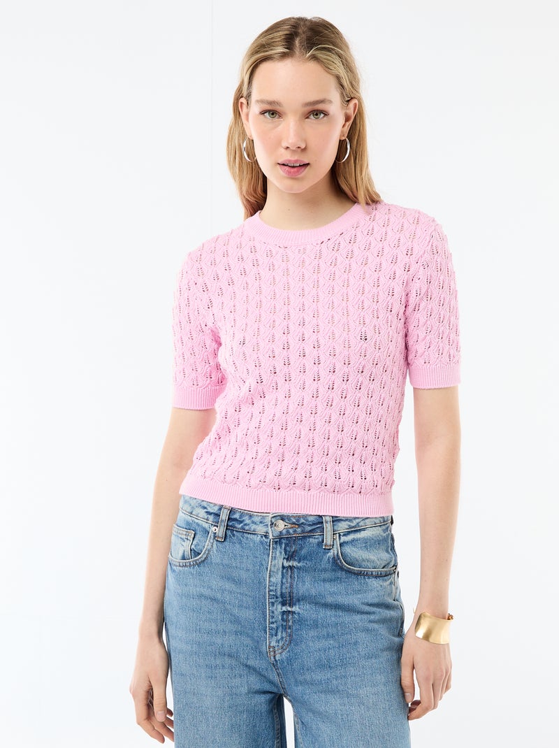 Pull à manches courtes en maille crochet ajourée Rose - Kiabi