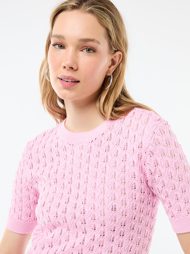 Pull à manches courtes en maille crochet ajourée Rose - Kiabi