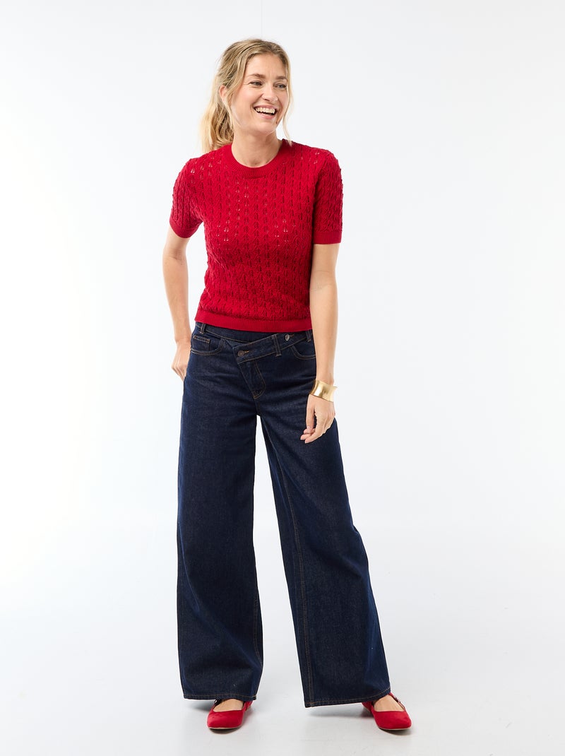 Pull à manches courtes en maille crochet ajourée Rouge - Kiabi