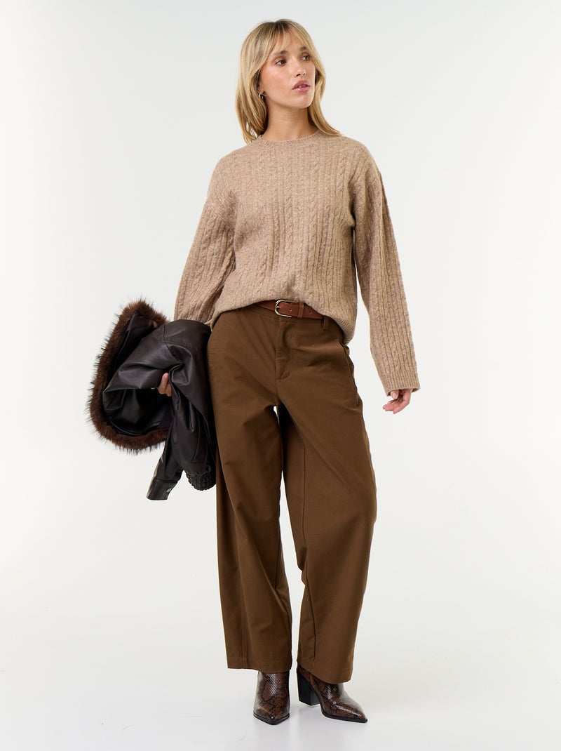 Pull à torsades col rond Beige - Kiabi