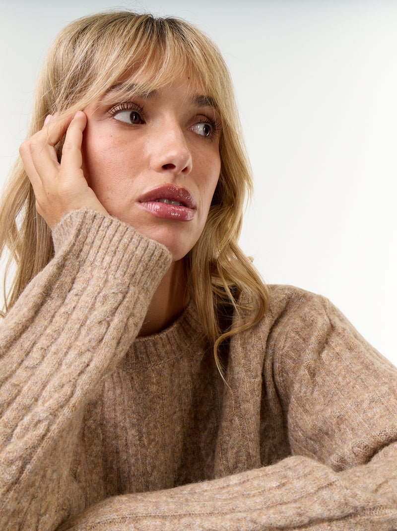 Pull à torsades col rond Beige - Kiabi