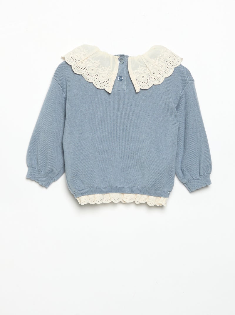 Pull avec col fantaisie en broderie anglaise Bleu - Kiabi