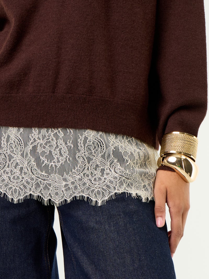 Pull avec empiècement en dentelle Marron - Kiabi