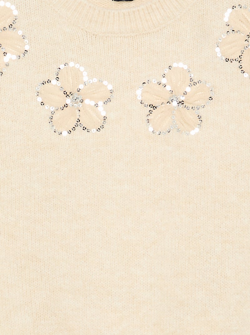 Pull avec fleurs brodées et sequins Beige - Kiabi