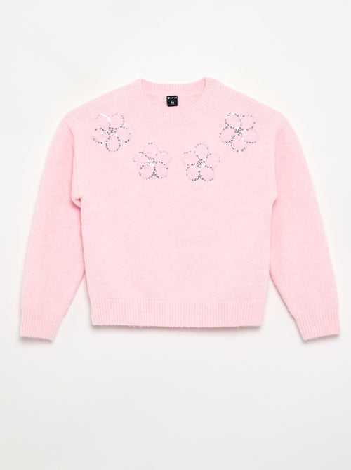 Pull avec fleurs brodées et sequins - Kiabi