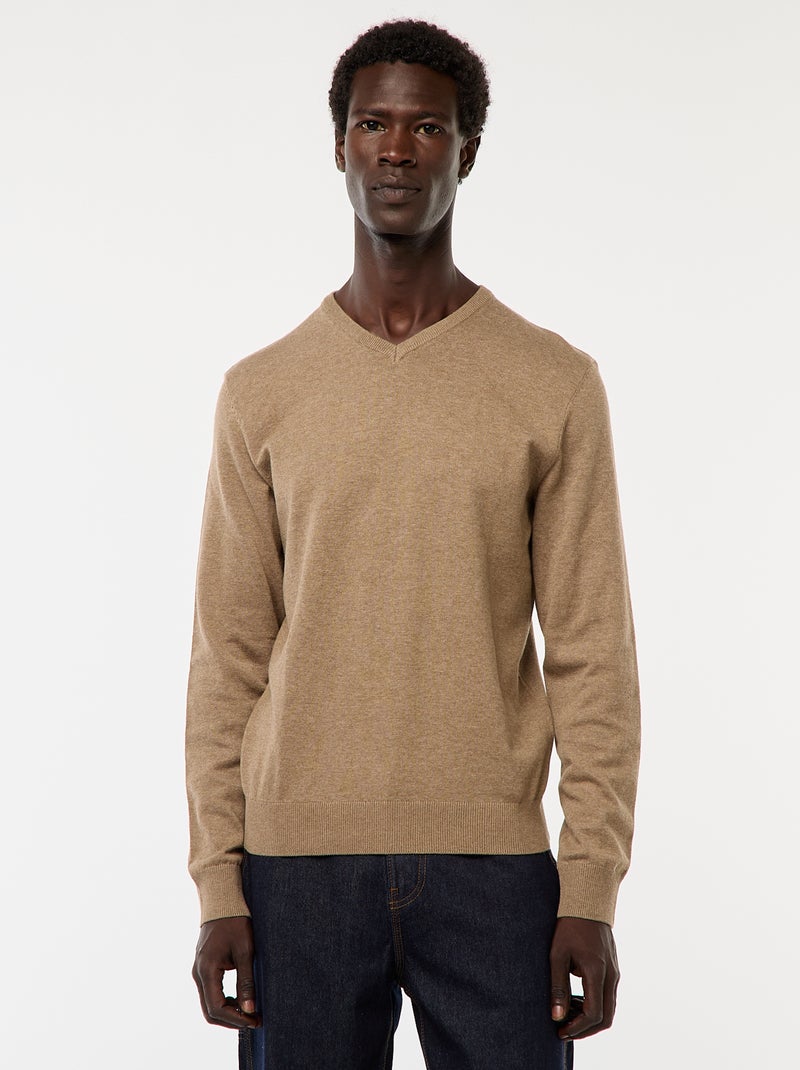 Pull basique en maille unie Marron - Kiabi