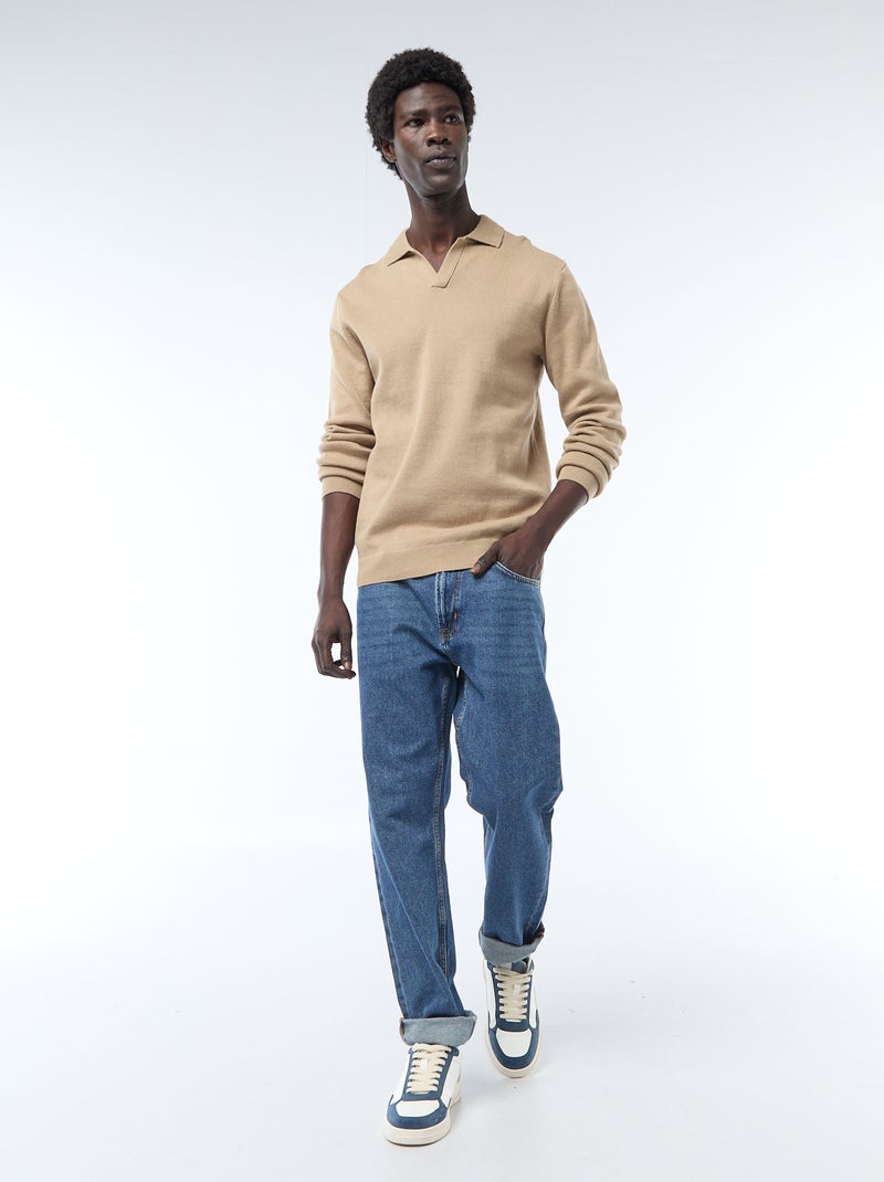 Pull col polo en maille Beige - Kiabi