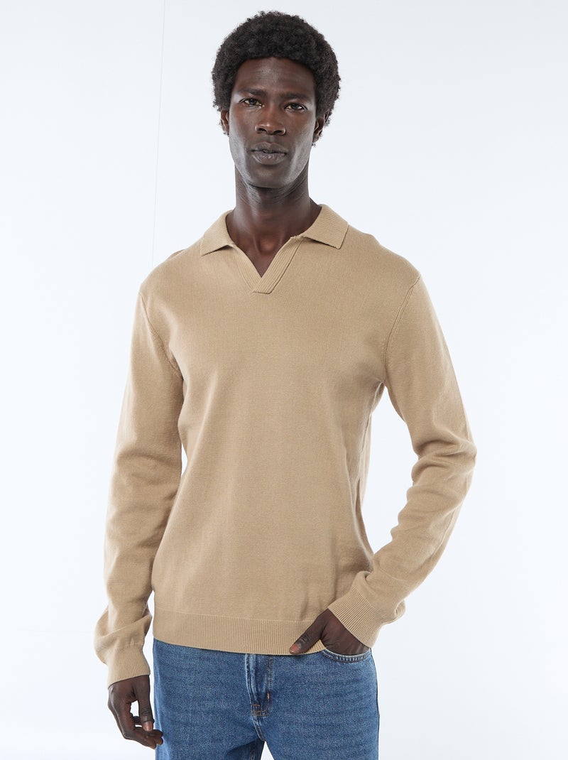 Pull col polo en maille Beige - Kiabi
