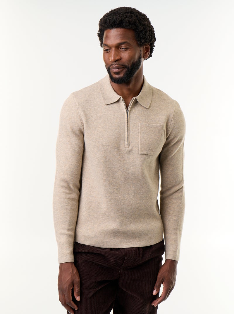 Pull col polo zippé Beige - Kiabi