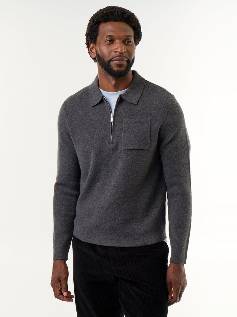 Pull col polo zippé Gris - Kiabi