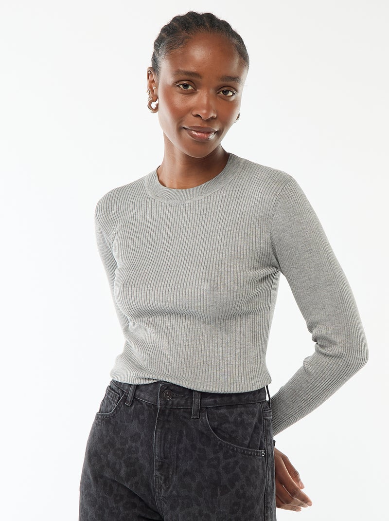 Pull col rond en rib uni Gris - Kiabi