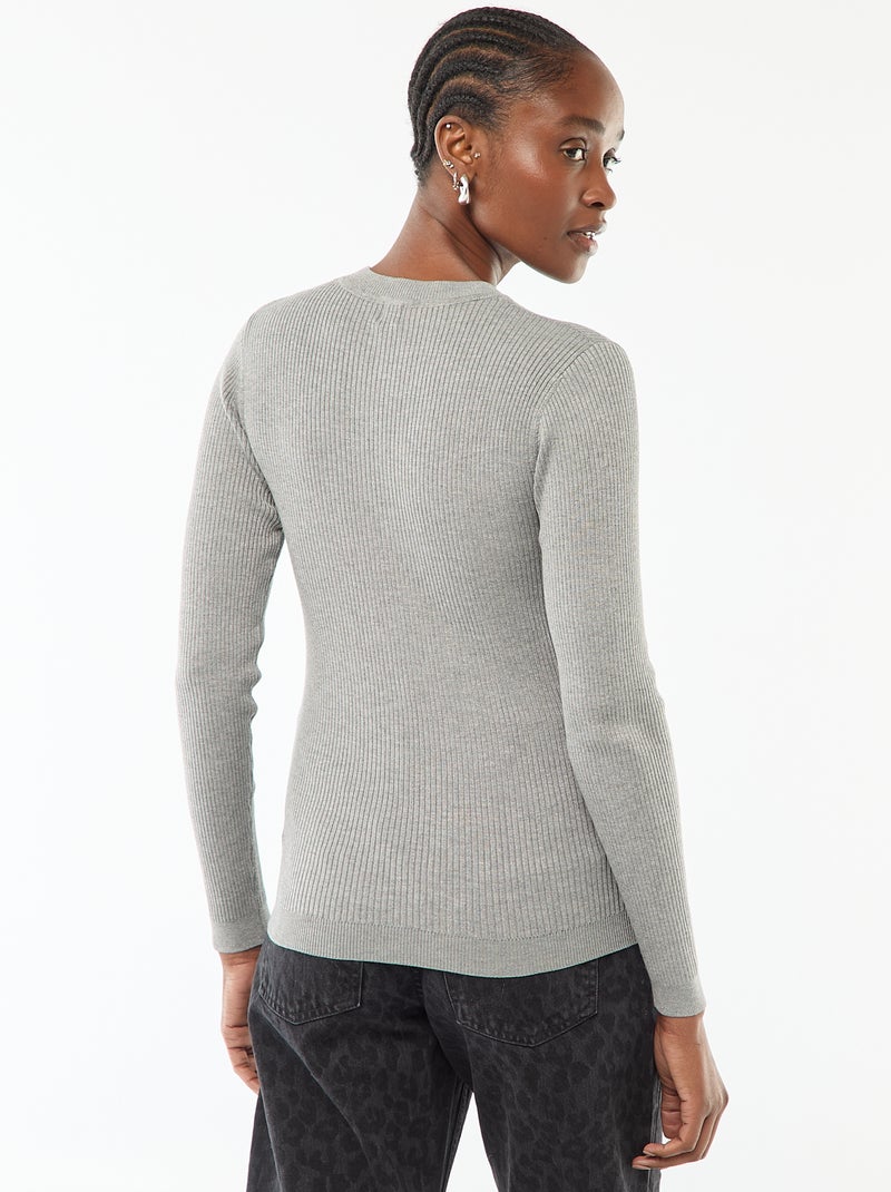 Pull col rond en rib uni Gris - Kiabi