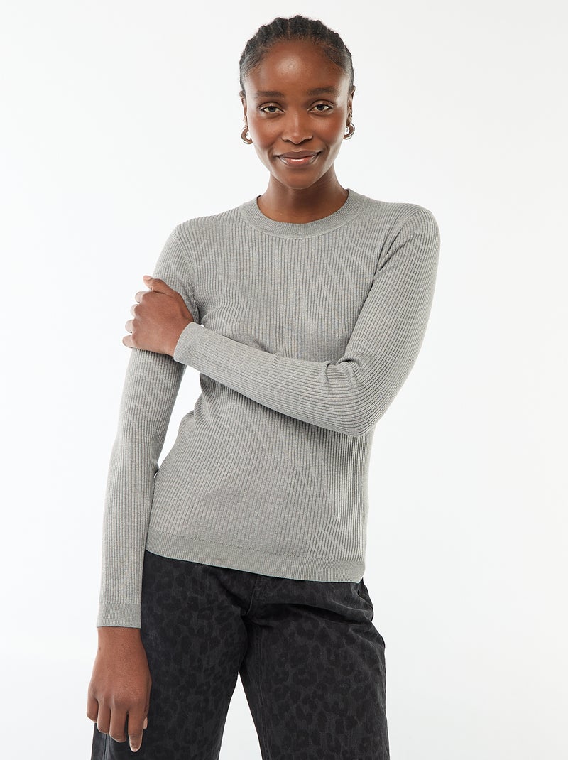 Pull col rond en rib uni Gris - Kiabi