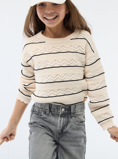 Pull col rond maillé fantaisie avec motifs ajourés en coton - Kiabi