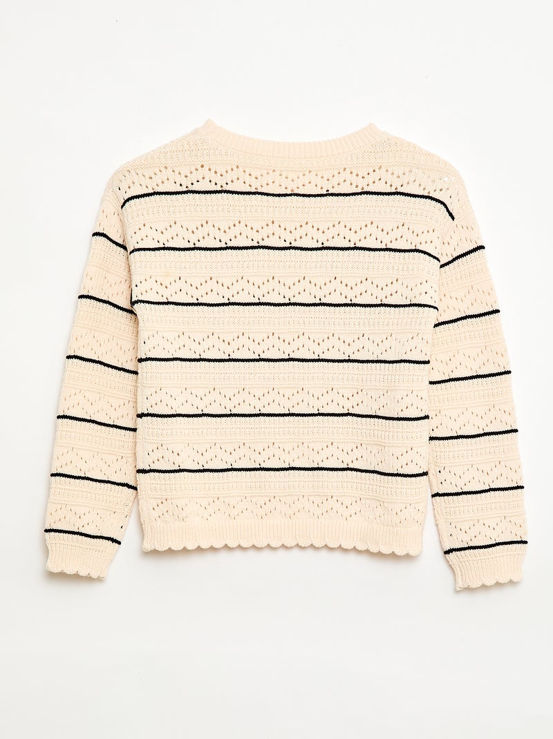 Pull col rond maillé fantaisie avec motifs ajourés en coton Blanc - Kiabi