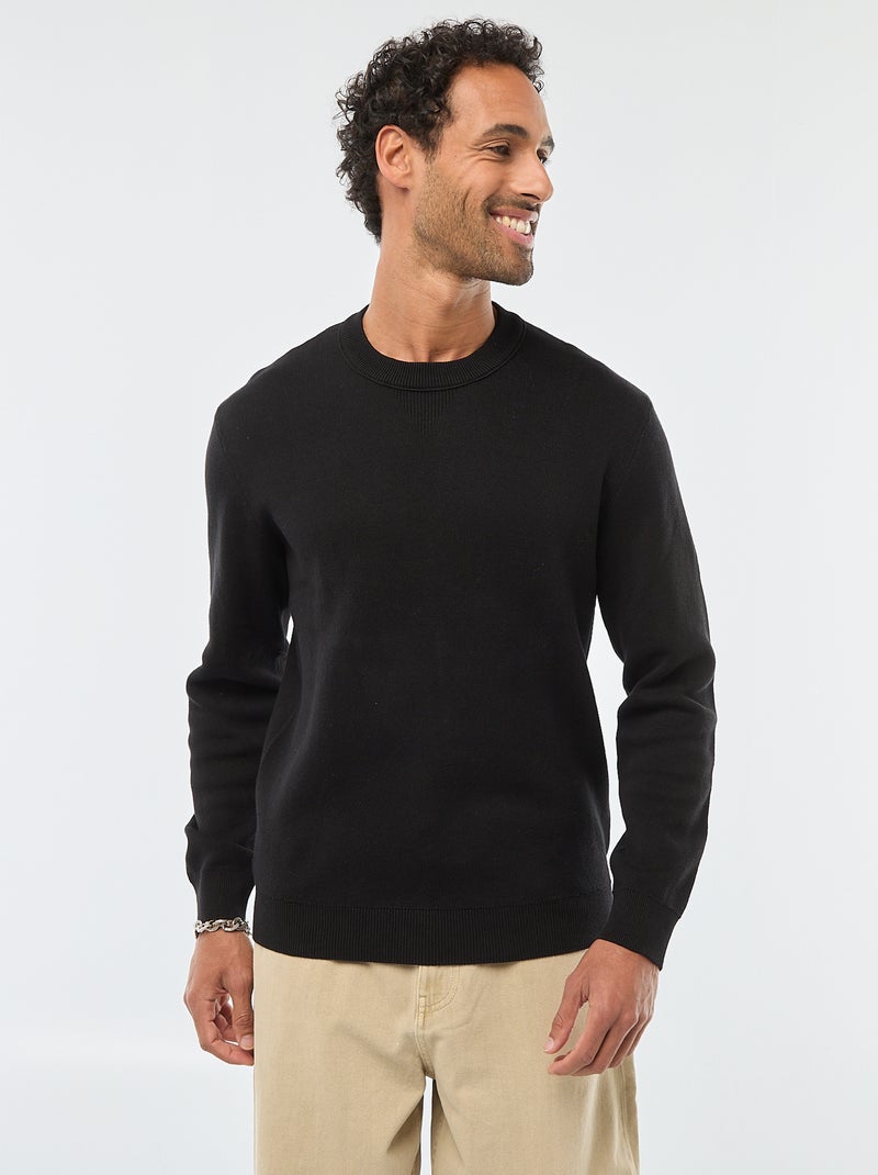 Pull col rond uni Noir - Kiabi