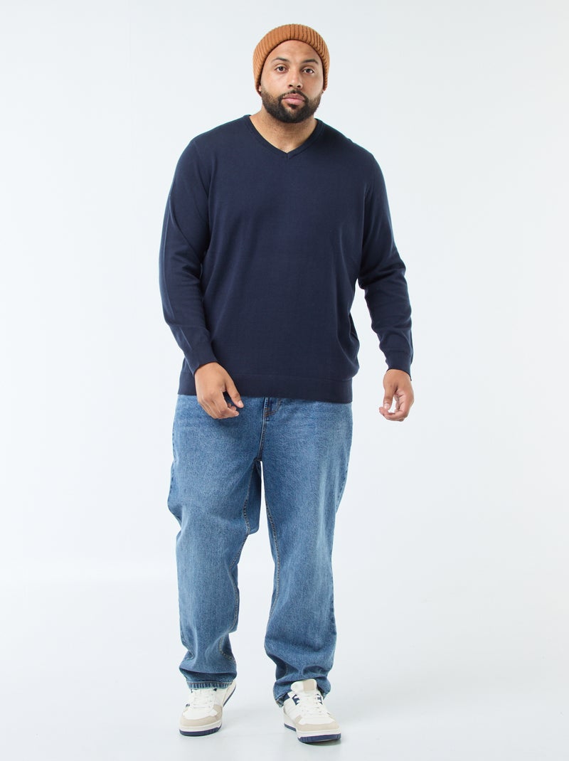 Pull col V en maille fine jauge Bleu marine - Kiabi