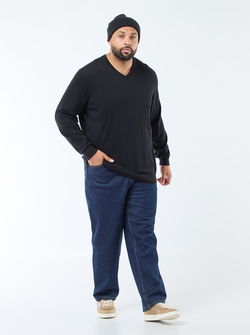 Pull col V en maille fine jauge Noir - Kiabi