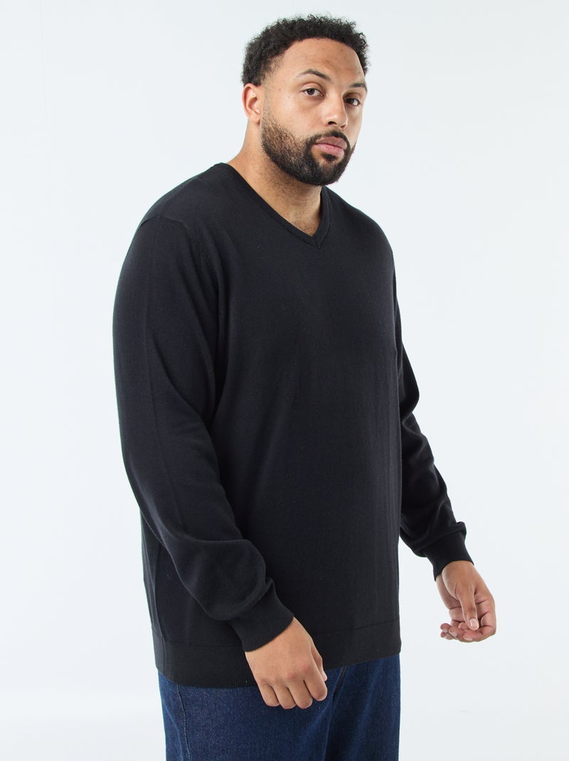 Pull col V en maille fine jauge Noir - Kiabi