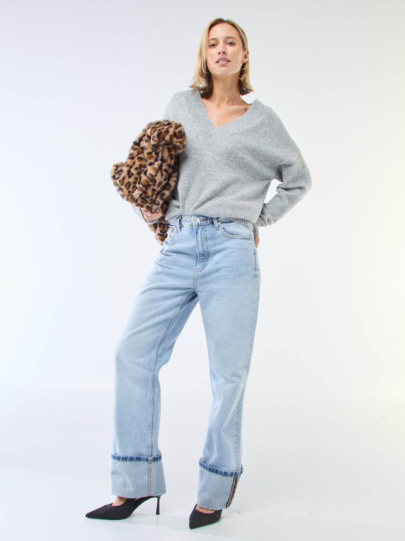 Pull col V uni Gris - Kiabi