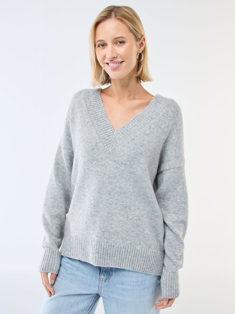 Pull col V uni Gris - Kiabi