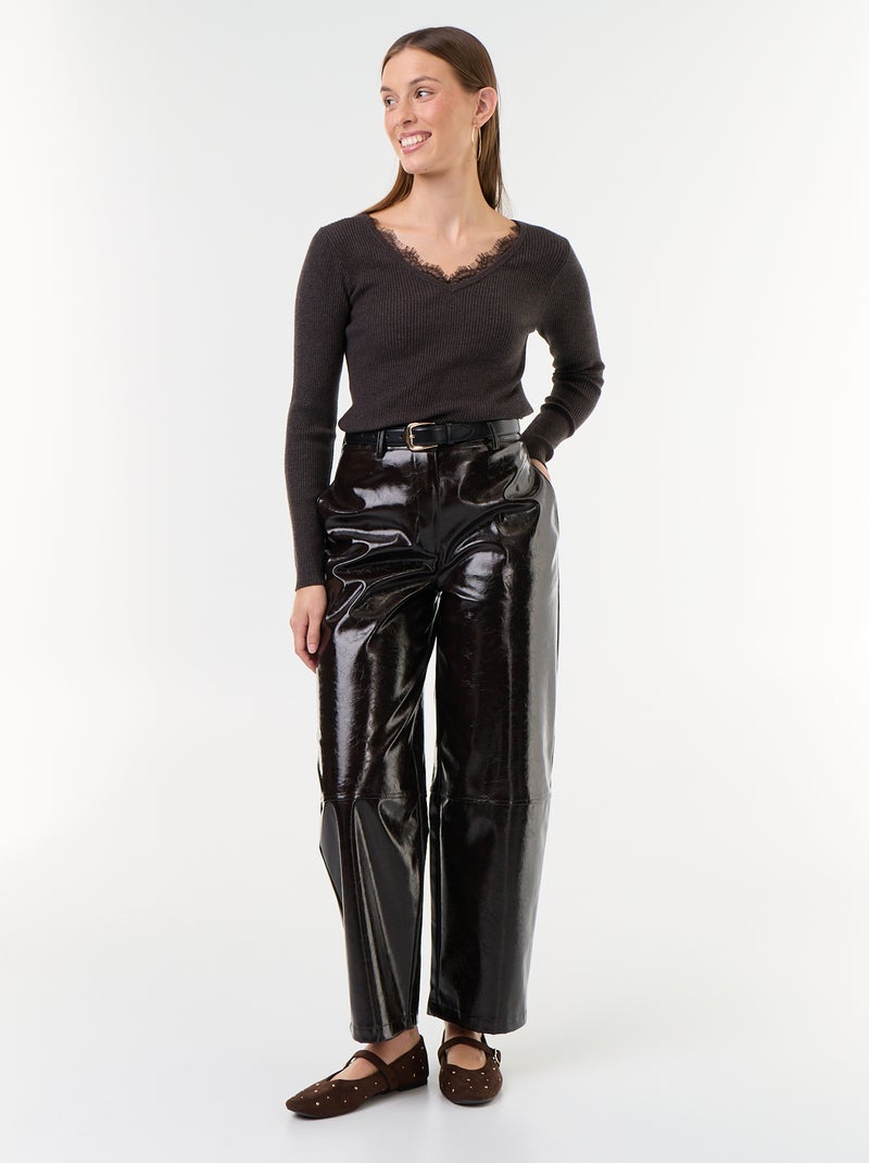 Pull côtelé avec col V avec dentelle Gris - Kiabi
